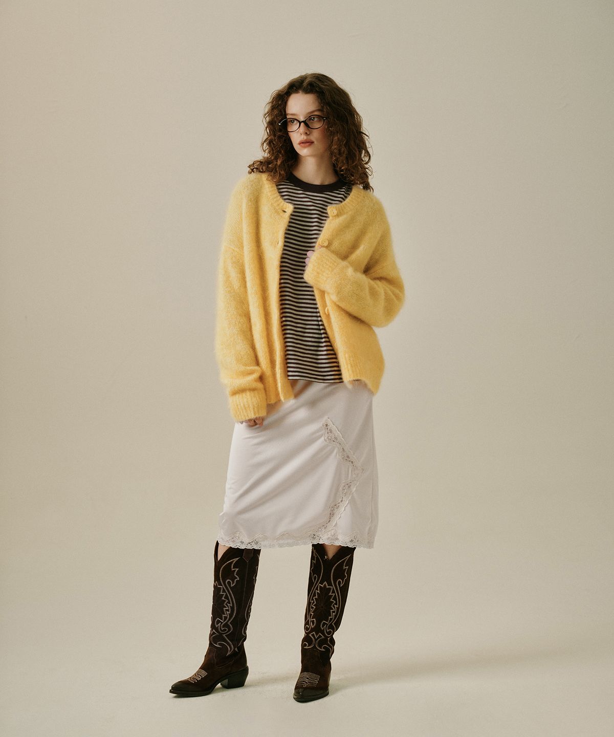 그린버터(GREENBUTTER) Fuzzy Kid Mohair Cardigan (Yellow)