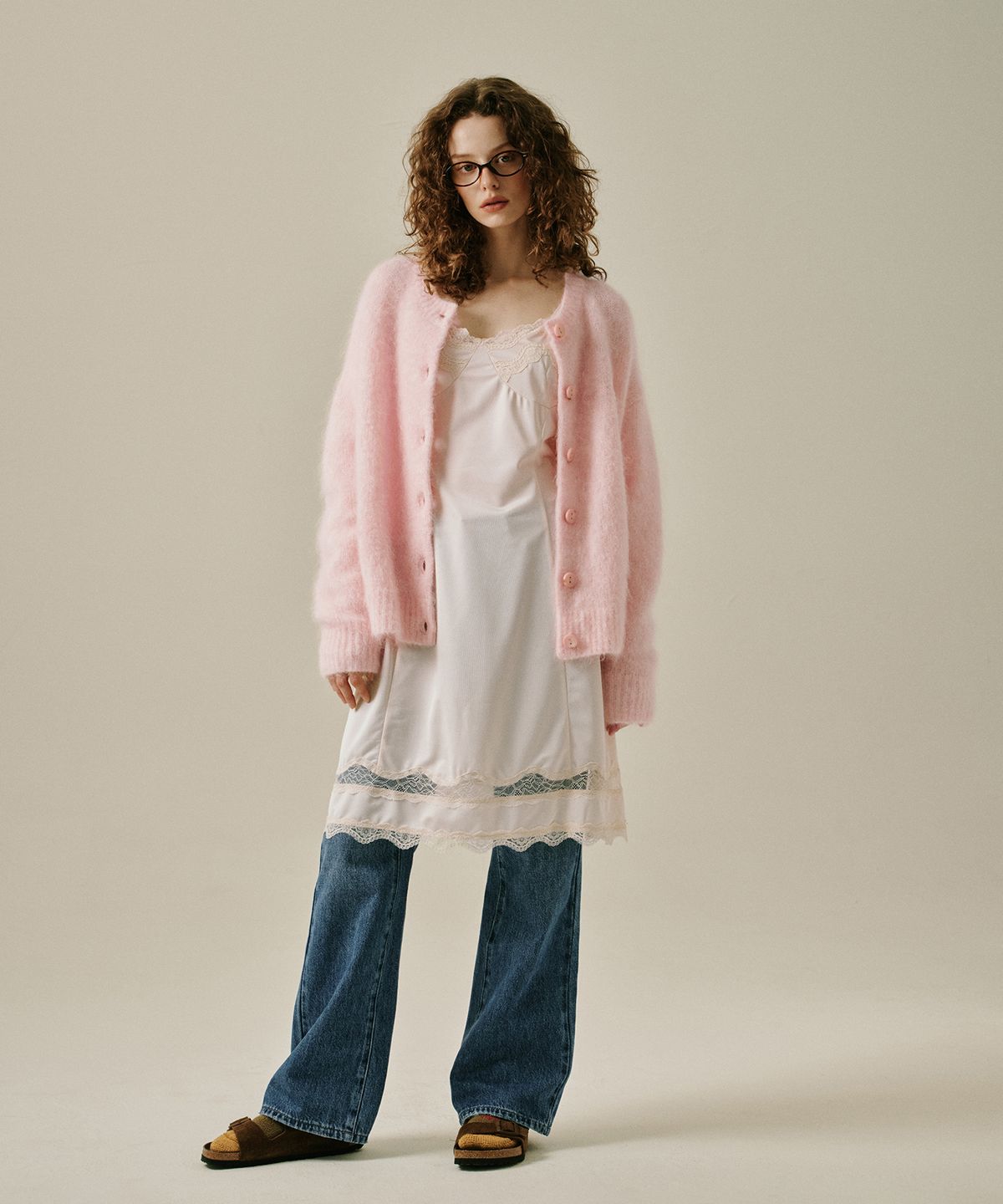 그린버터(GREENBUTTER) Fuzzy Kid Mohair Cardigan (Pink)