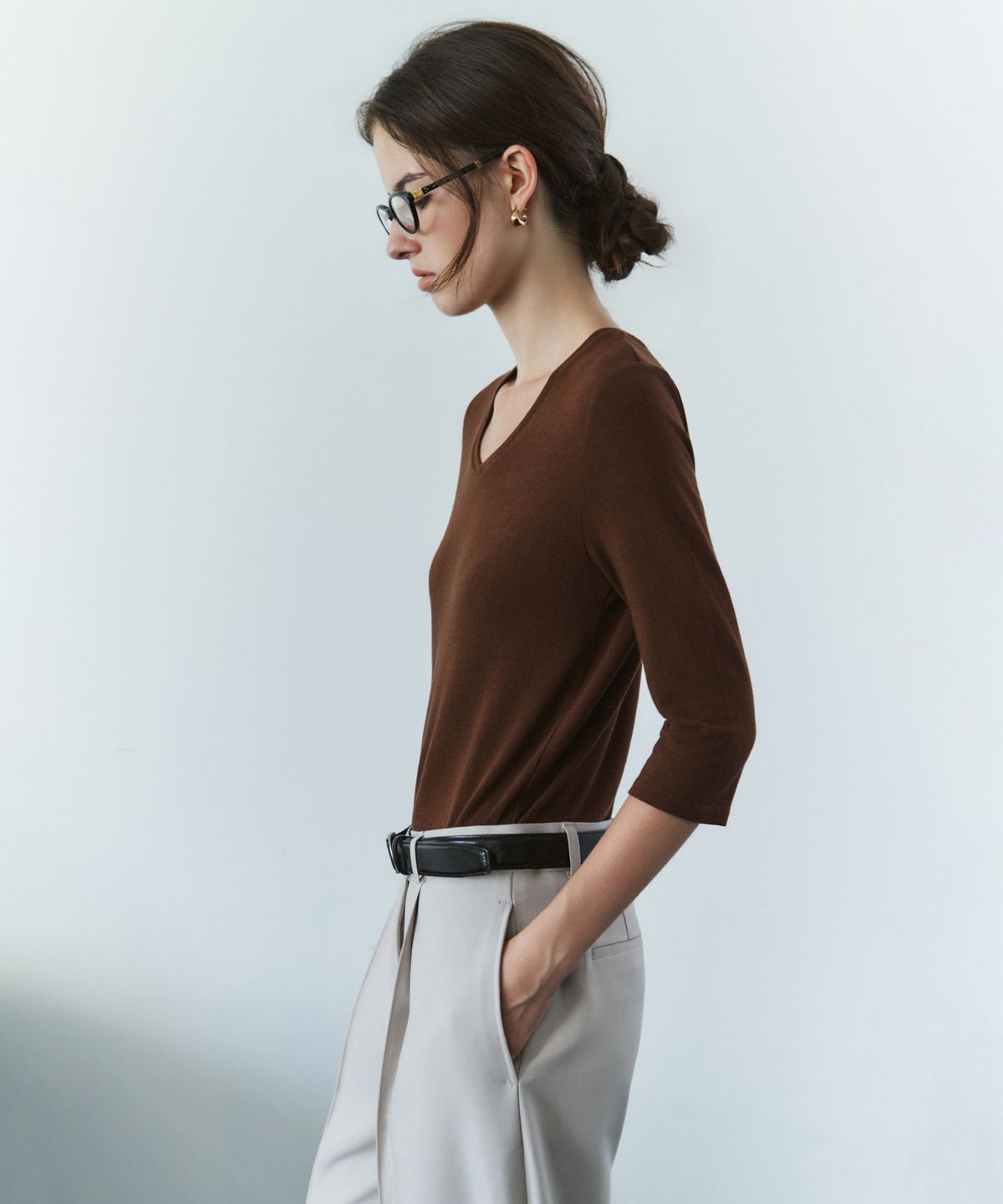 시야쥬(SIYAZU) SITP5313 소프트 브이넥 7부 티셔츠_Brown