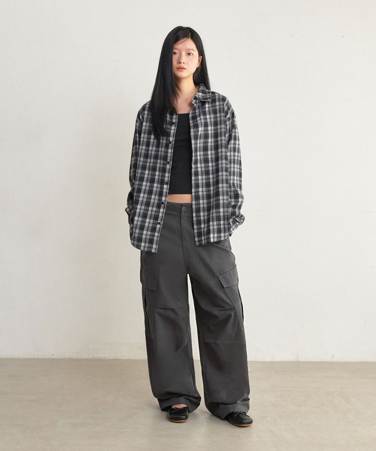 굿라이프웍스(GLW) [unisex] 오버핏 타탄 체크 셔츠 블랙