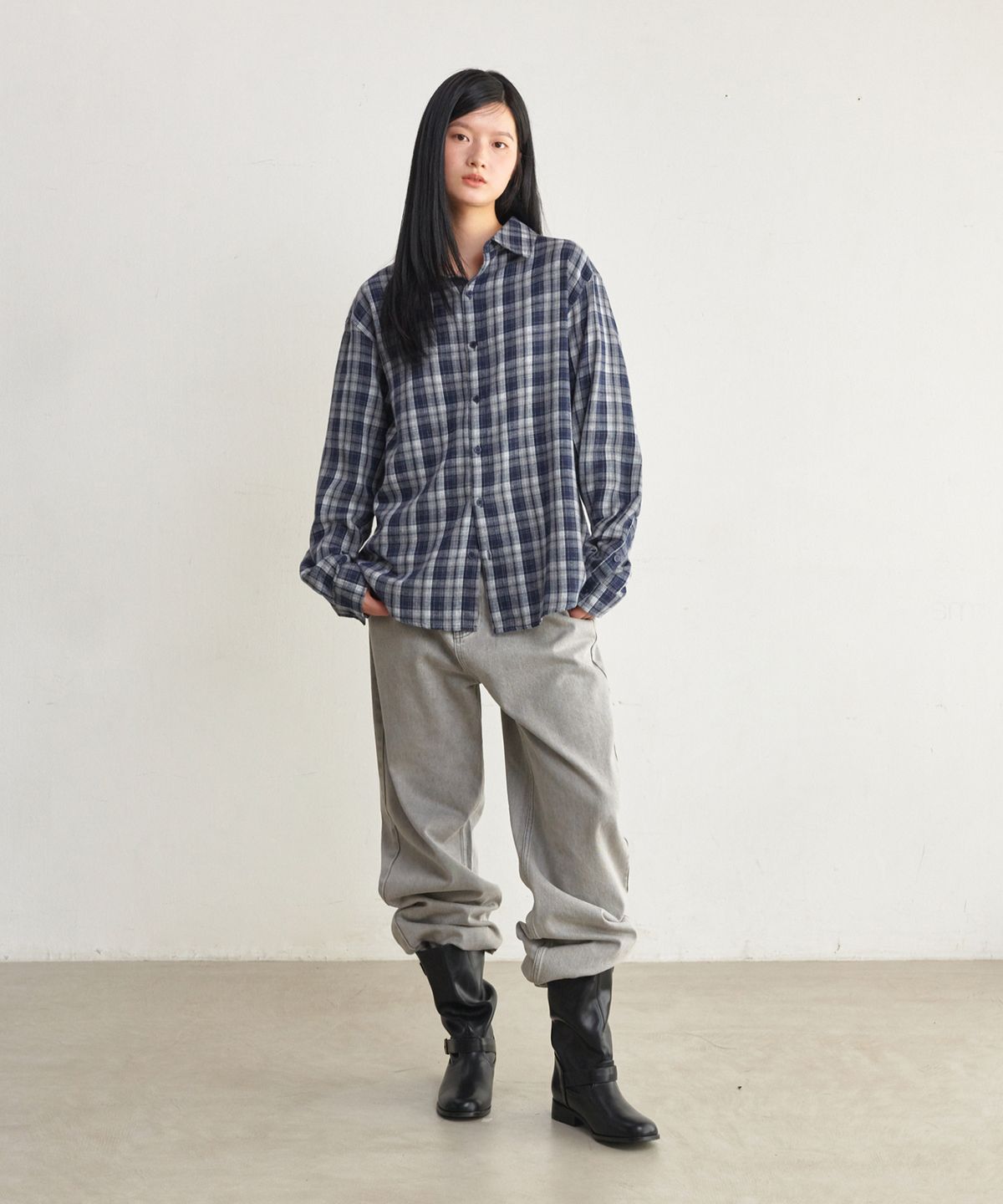 굿라이프웍스(GLW) [unisex] 오버핏 타탄 체크 셔츠 네이비