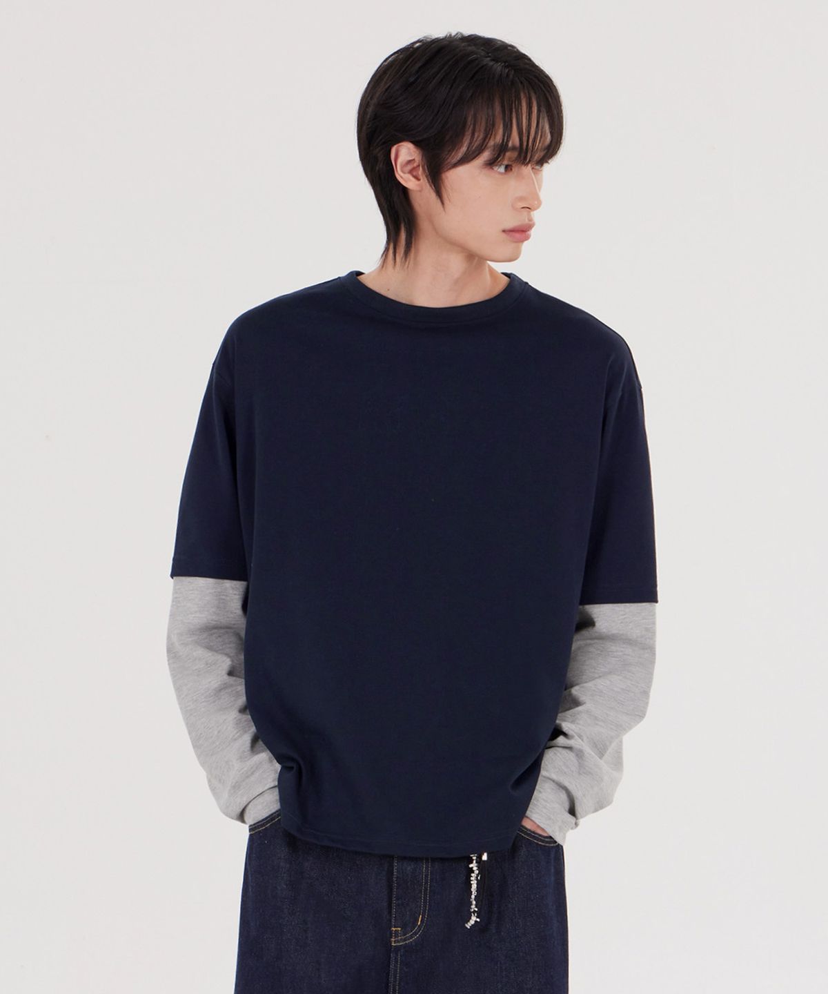 굿라이프웍스(GLW) [unisex] 레이어드 투톤 롱슬리브티 네이비