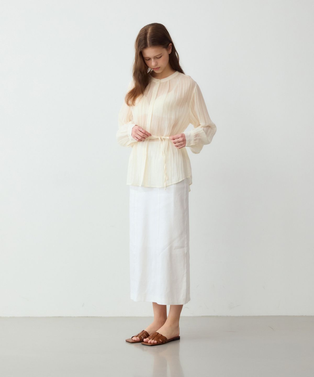 어다울(ADAUL) Wrinkle see through belted blouse - cream