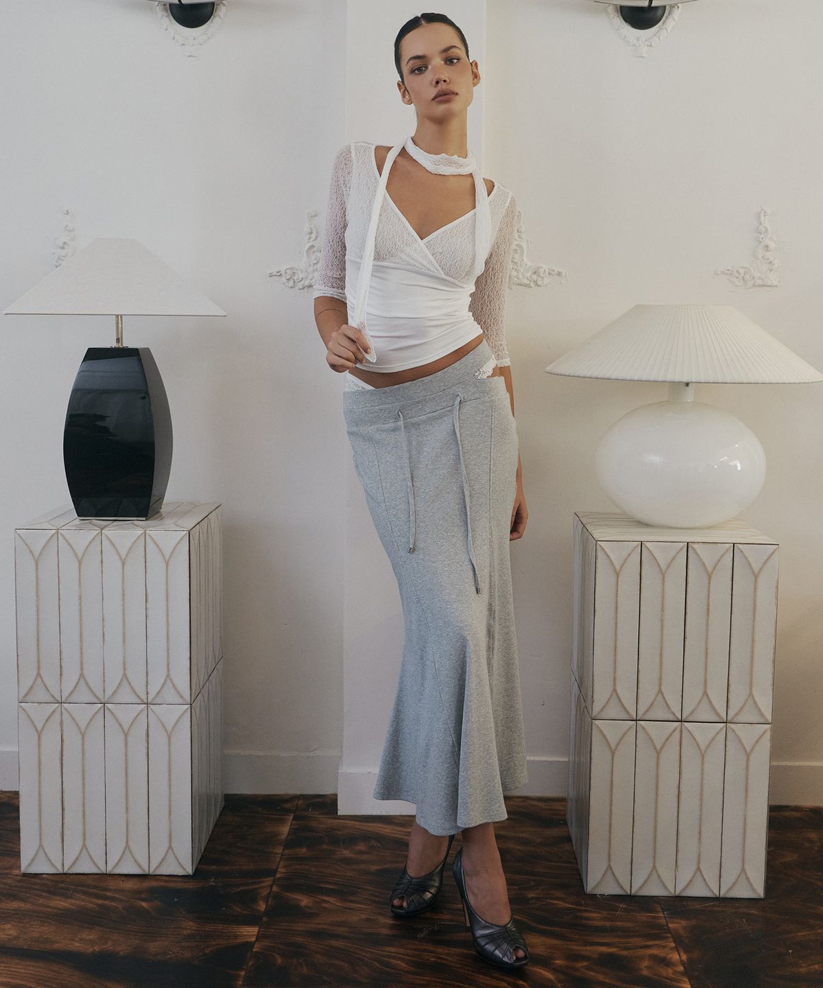 플리즈노팔로우(PLEASENOFOLLOW) Voline Mermaid Long Skirt (Melange Grey)