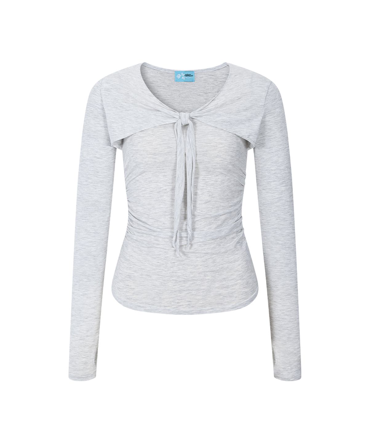 플리즈노팔로우(PLEASENOFOLLOW) Nari Shirring Long Sleeve Tie Top (White Melange)