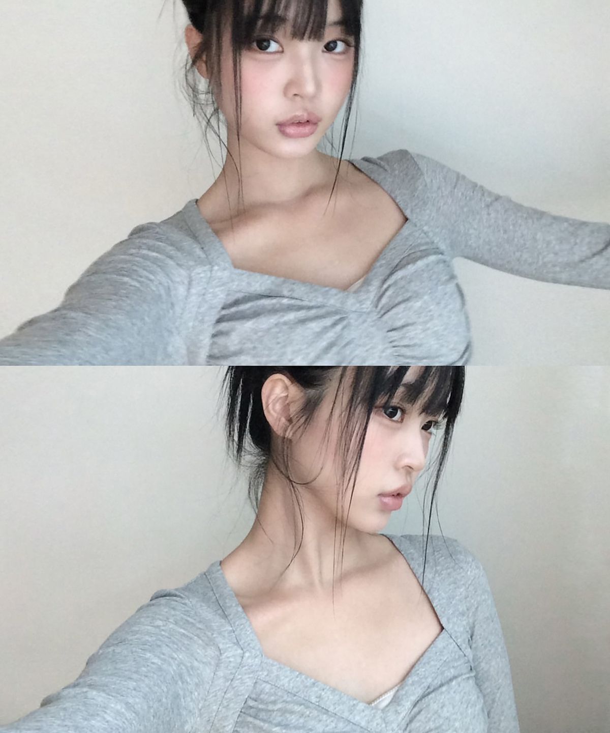 플리즈노팔로우(PLEASENOFOLLOW) Rowena Shirring Long Sleeve Top (Melange Grey)