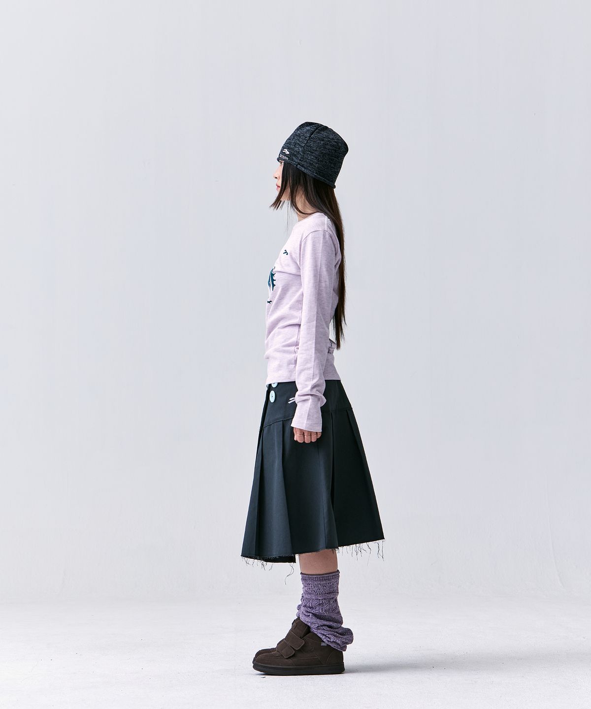 탄산마그네슘(TANSANMAGNESIUM) 더블 버튼 미디 스커트 (차콜)