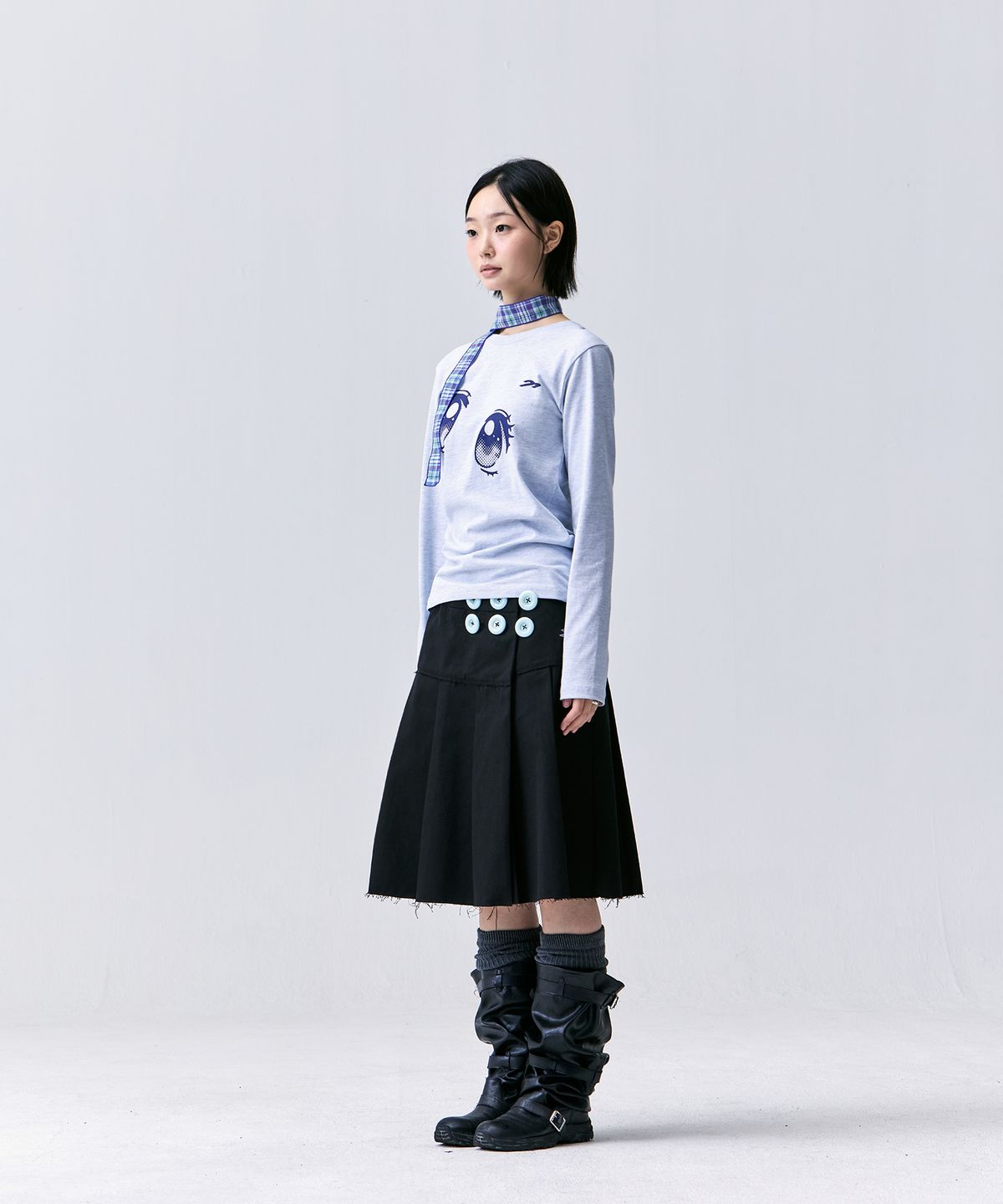 탄산마그네슘(TANSANMAGNESIUM) 더블 버튼 미디 스커트 (블랙)
