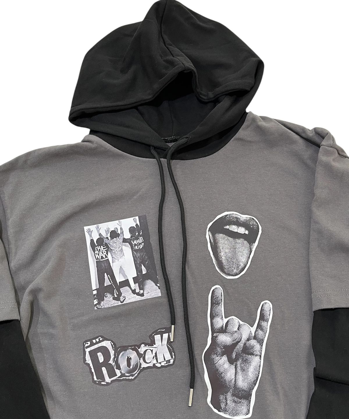 스케이터락(SK8ER ROCK) Mtv Riot Layered Hood T-Shirt (Dark gray*black)