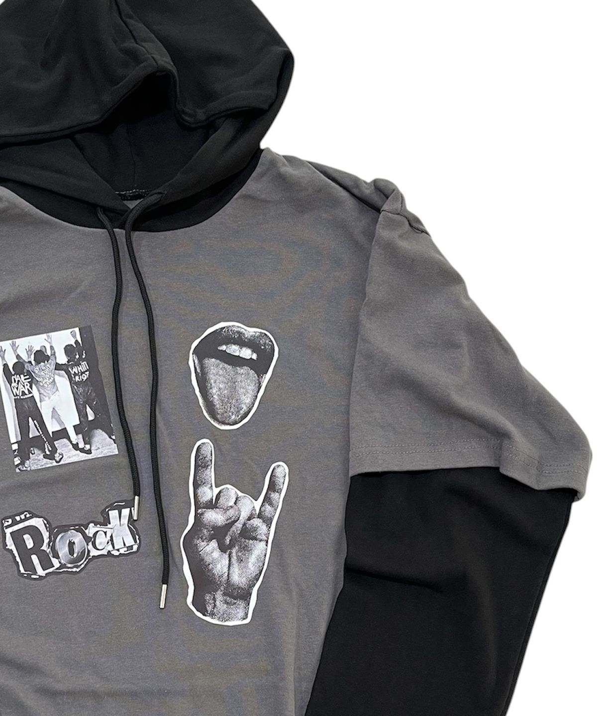 스케이터락(SK8ER ROCK) Mtv Riot Layered Hood T-Shirt (Dark gray*black)