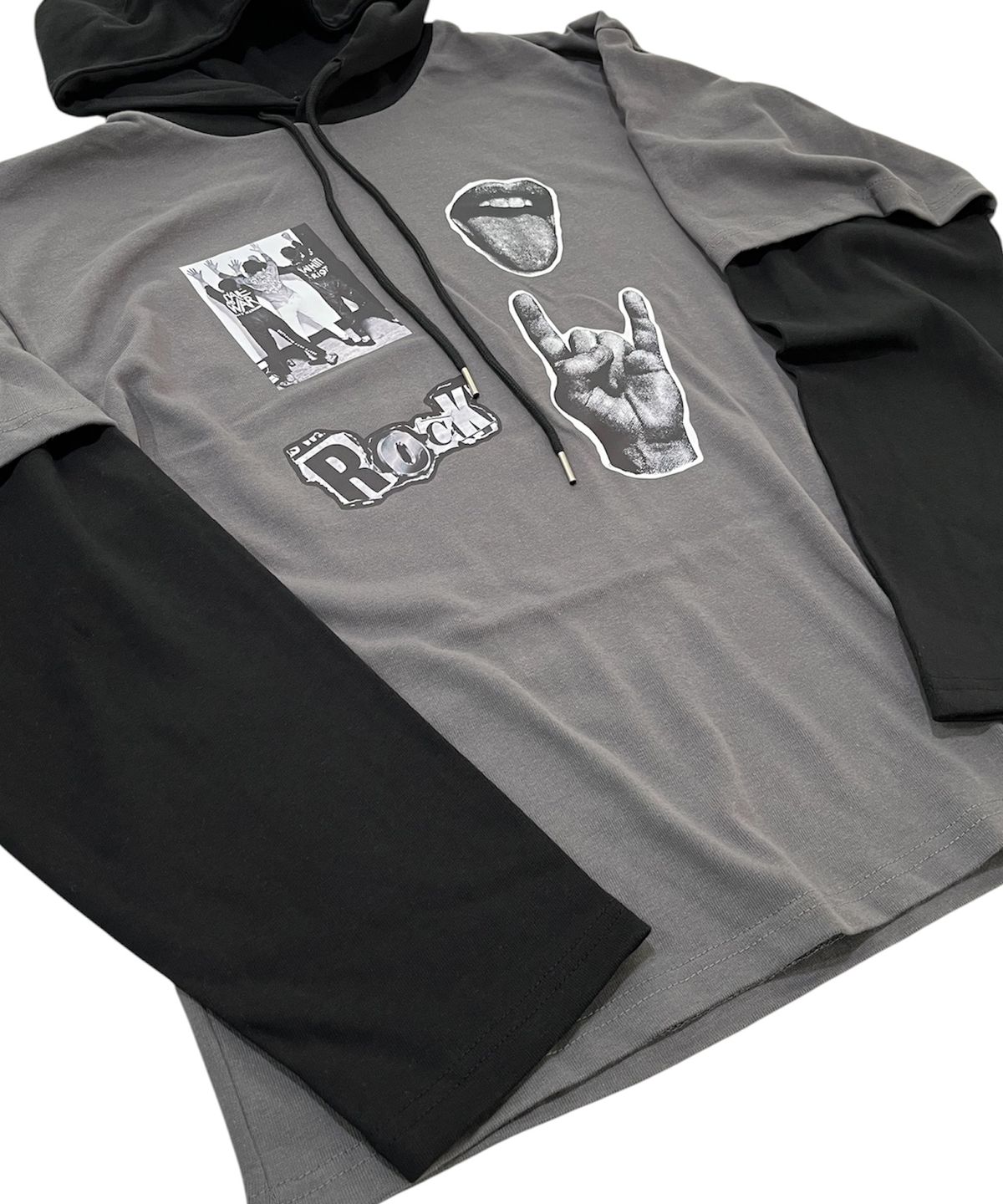 스케이터락(SK8ER ROCK) Mtv Riot Layered Hood T-Shirt (Dark gray*black)