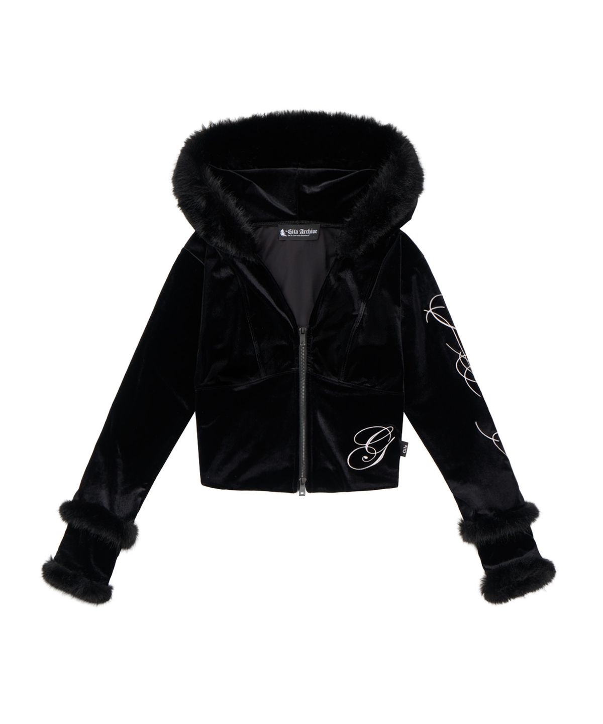 길라아카이브(GILAARCHIVE) VELOUR SIDE LETTERING LOGO FUR HOOD ZIP-UP_BLACK