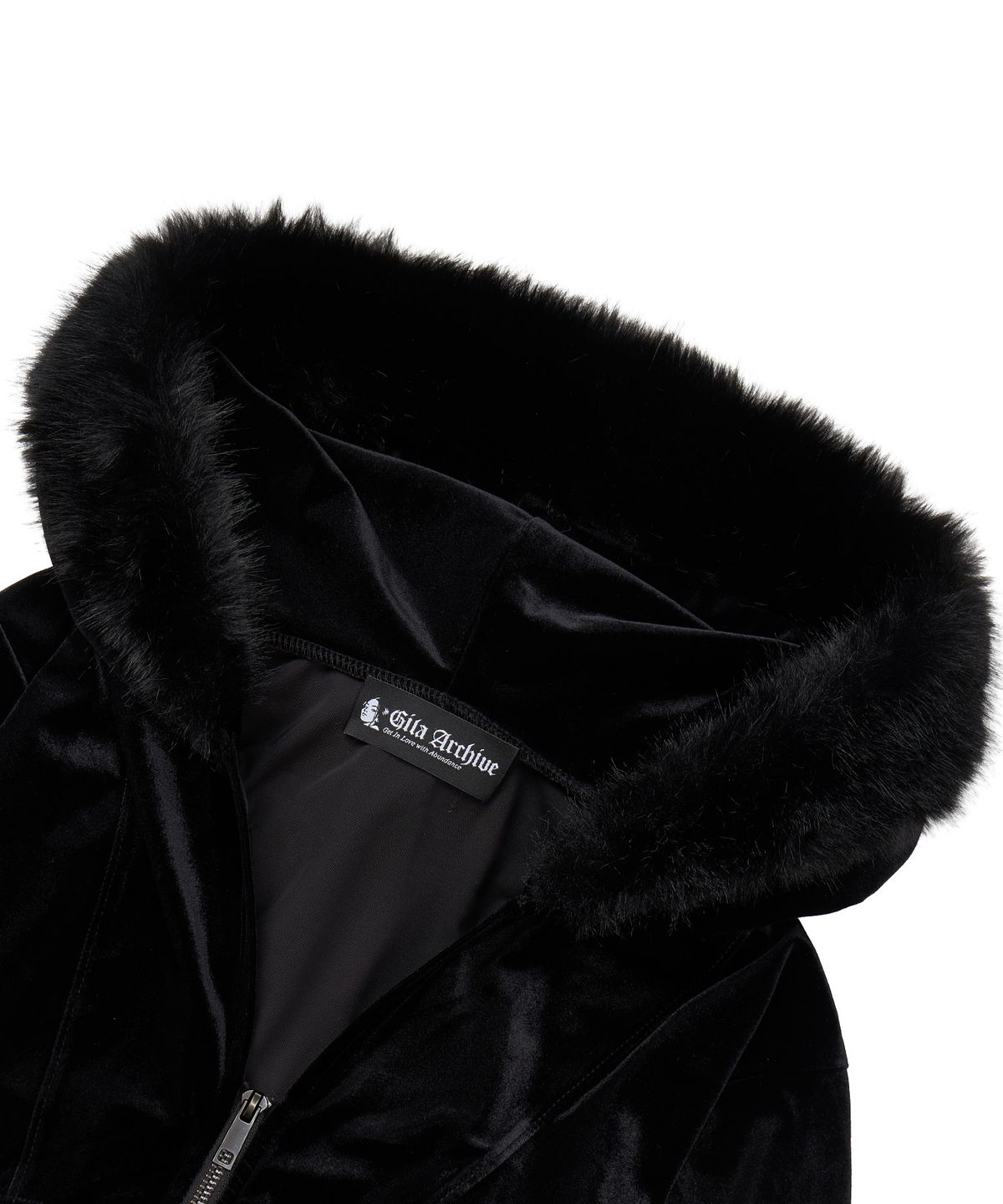 길라아카이브(GILAARCHIVE) VELOUR SIDE LETTERING LOGO FUR HOOD ZIP-UP_BLACK