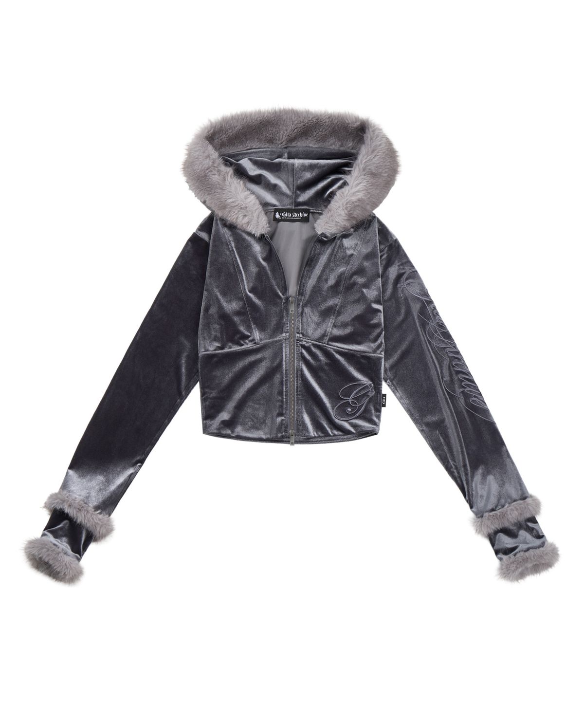 길라아카이브(GILAARCHIVE) VELOUR SIDE LETTERING LOGO FUR HOOD ZIP-UP_GREY