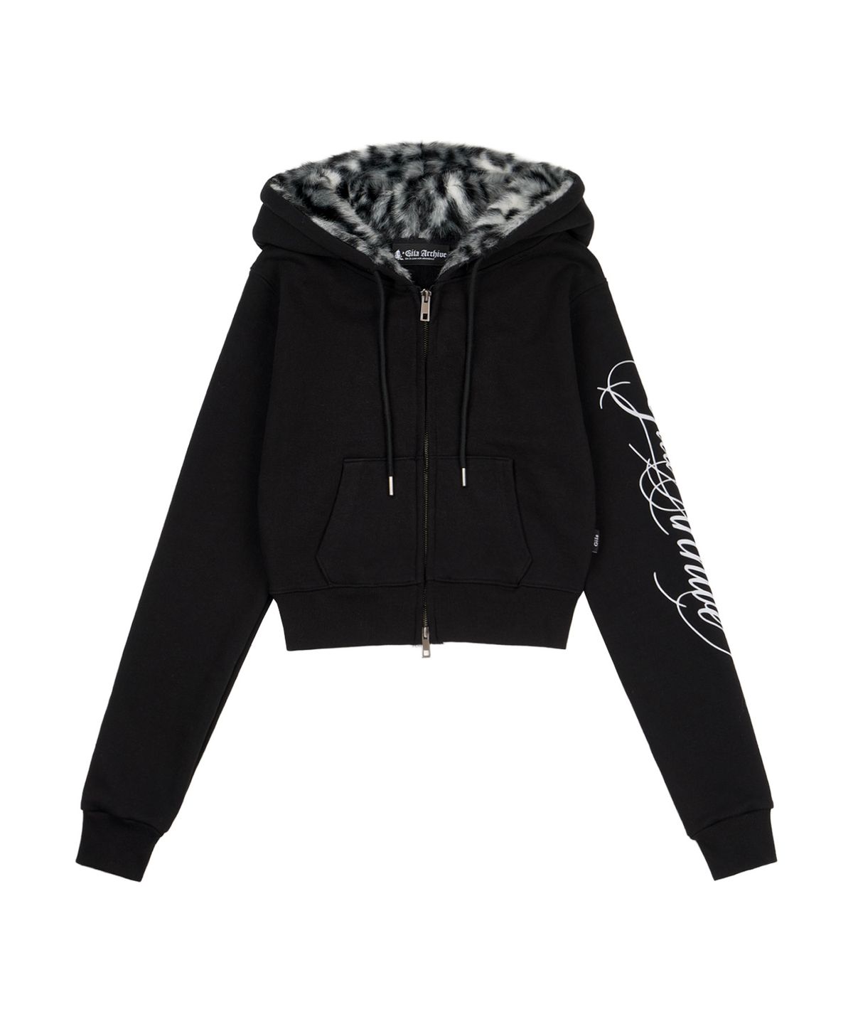 길라아카이브(GILAARCHIVE) SIDE LETTERING LOGO LEOPARD FUR HOOD ZIP-UP_BLACK