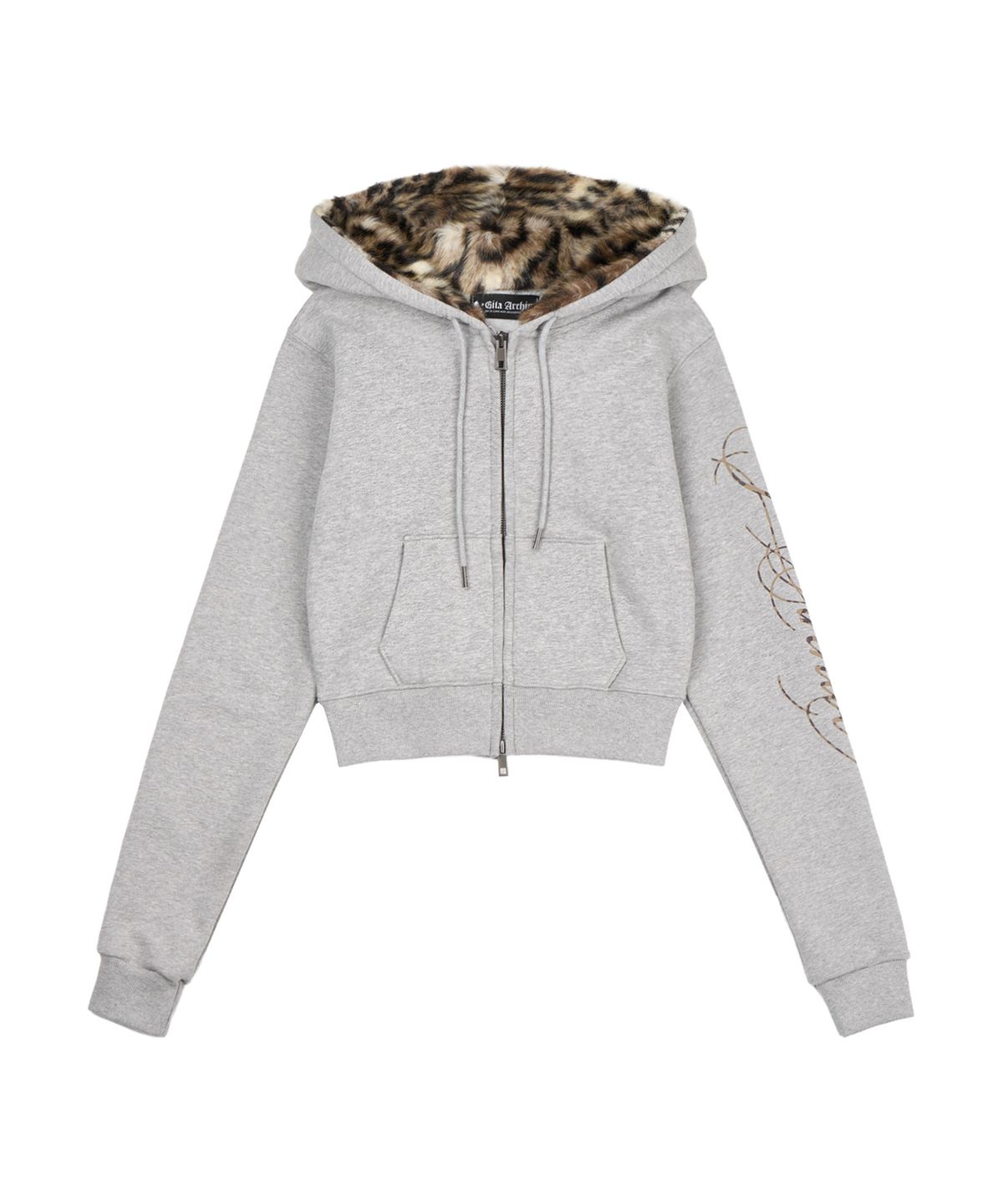 길라아카이브(GILAARCHIVE) SIDE LETTERING LOGO LEOPARD FUR HOOD ZIP-UP_GREY