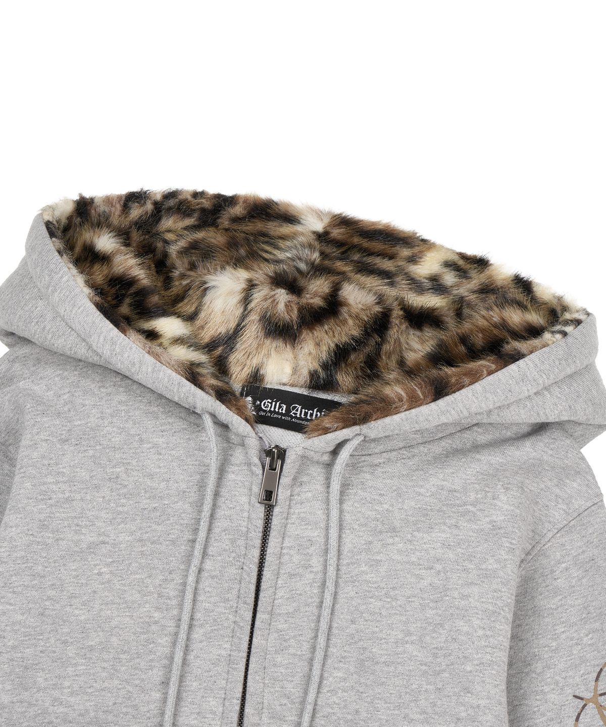 길라아카이브(GILAARCHIVE) SIDE LETTERING LOGO LEOPARD FUR HOOD ZIP-UP_GREY