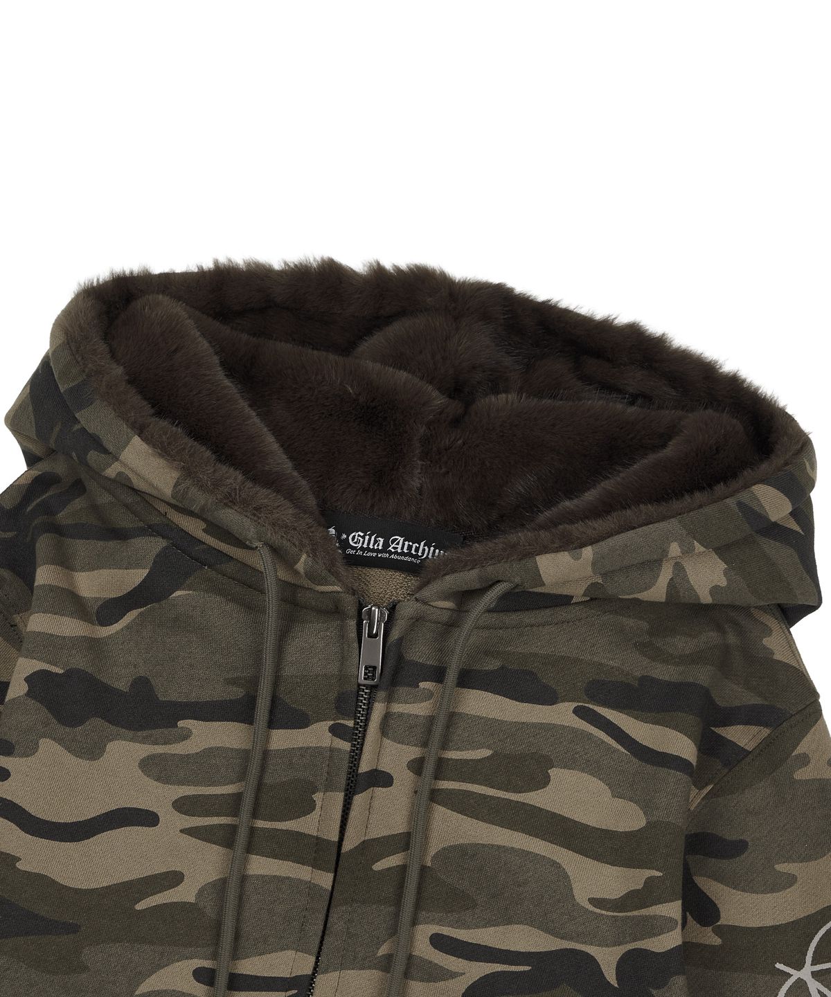 길라아카이브(GILAARCHIVE) SIDE LETTERING LOGO FUR HOOD ZIP-UP_CAMO