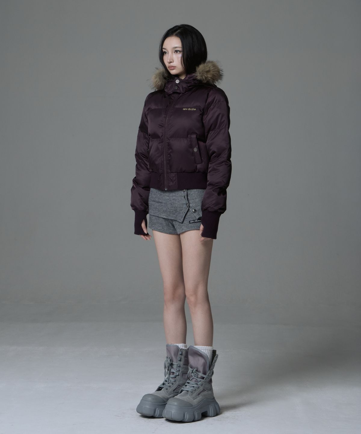 길라아카이브(GILAARCHIVE) FUR HOOD LIGHT PADDED JACKET_PURPLE