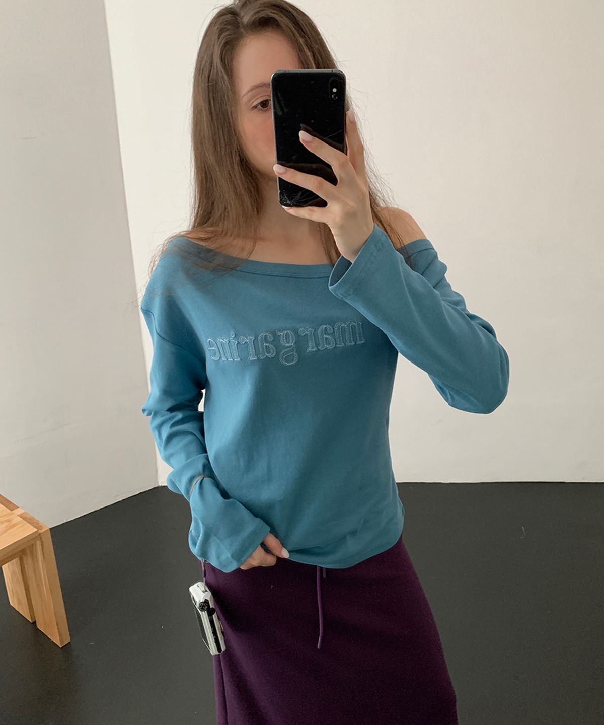 스트라이프마가린(STMG) 마가린 패치 원숄더 긴팔 티셔츠 블루