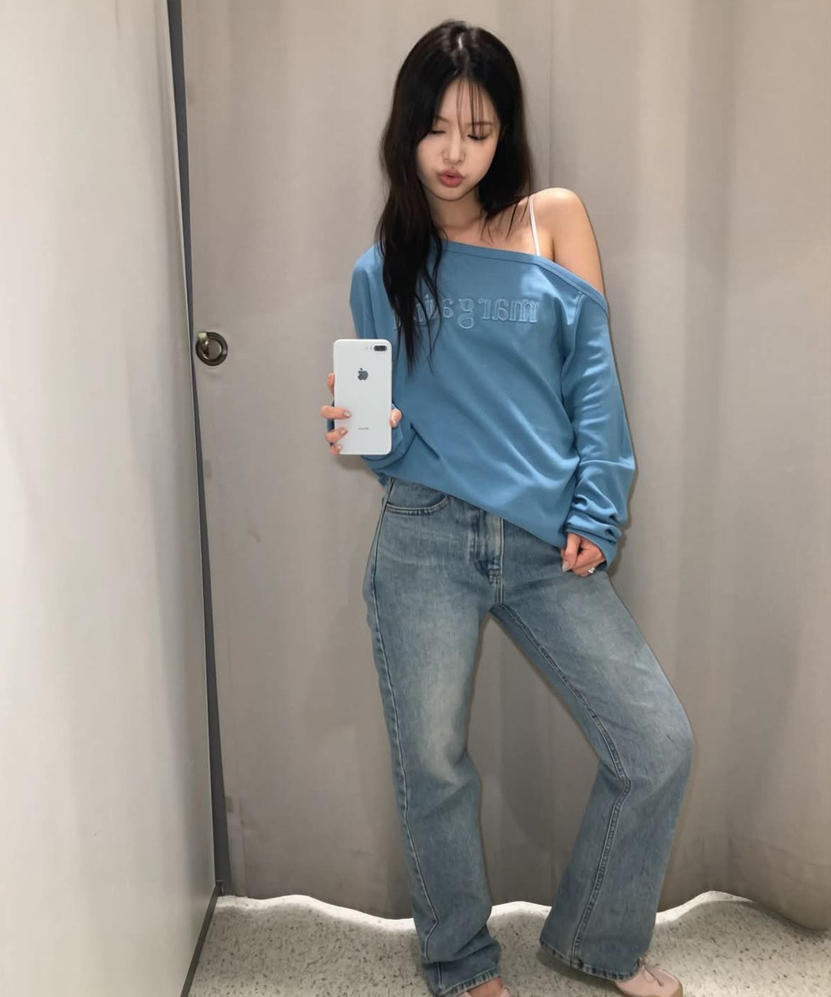 스트라이프마가린(STMG) 마가린 패치 원숄더 긴팔 티셔츠 블루