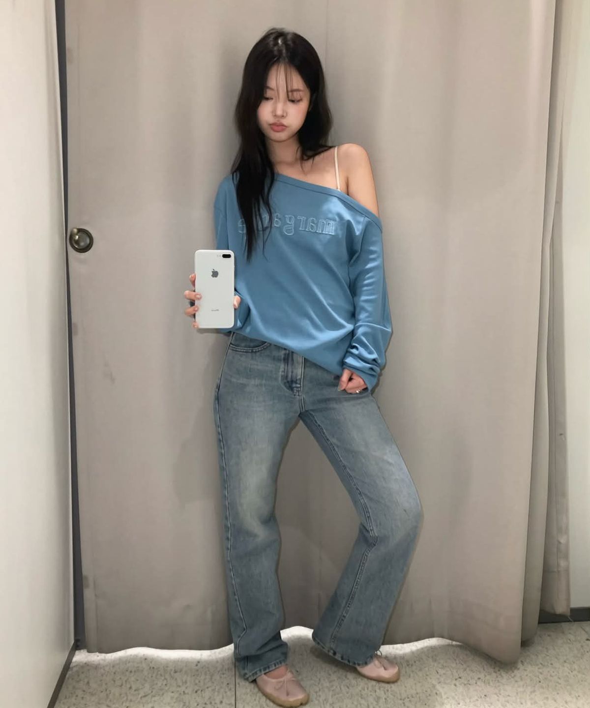 스트라이프마가린(STMG) 마가린 패치 원숄더 긴팔 티셔츠 블루