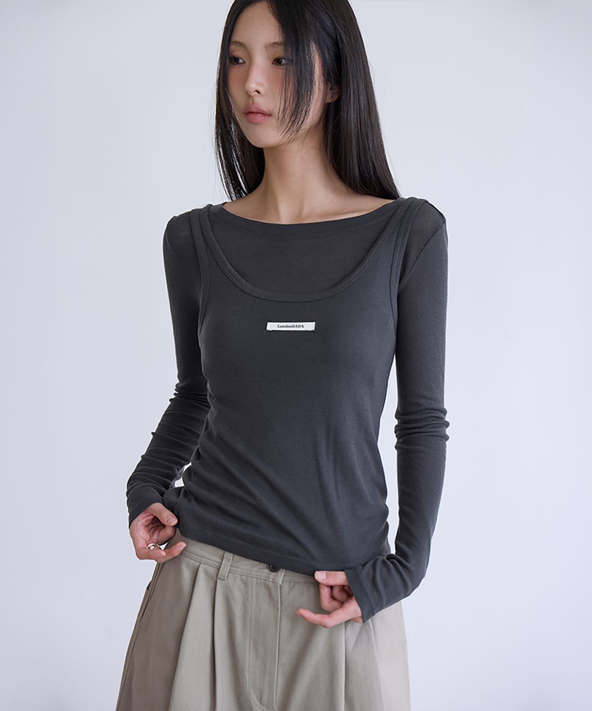 런던다다(LONDONDADA) Layerd Sheer Top Set, CHARCOAL