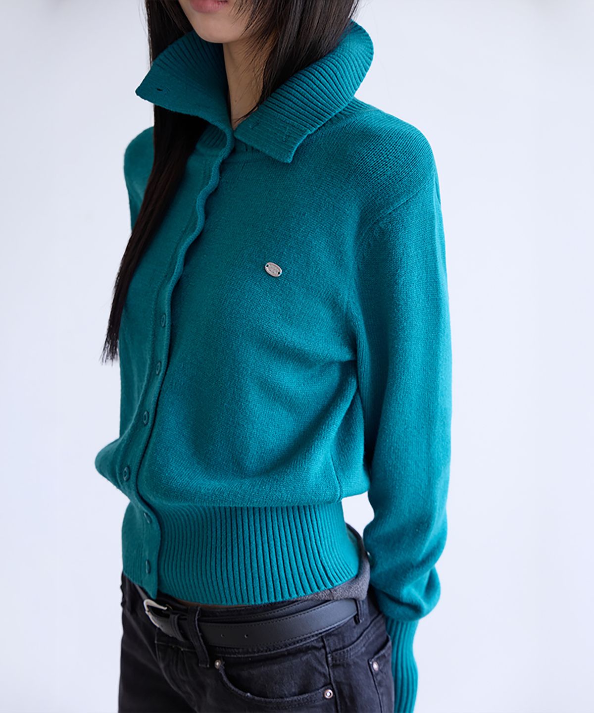 런던다다(LONDONDADA) Soft High Neck Cardigan, TURQUOISE GREEN