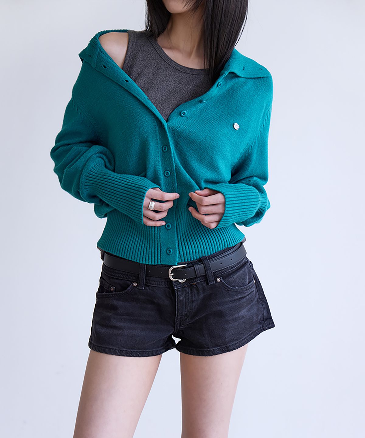 런던다다(LONDONDADA) Soft High Neck Cardigan, TURQUOISE GREEN