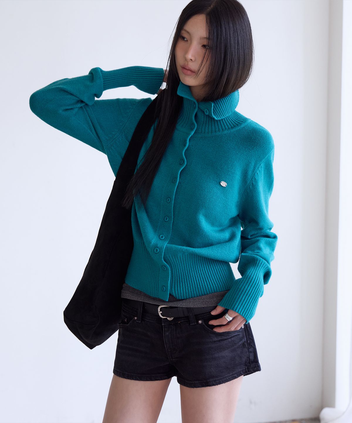 런던다다(LONDONDADA) Soft High Neck Cardigan, TURQUOISE GREEN