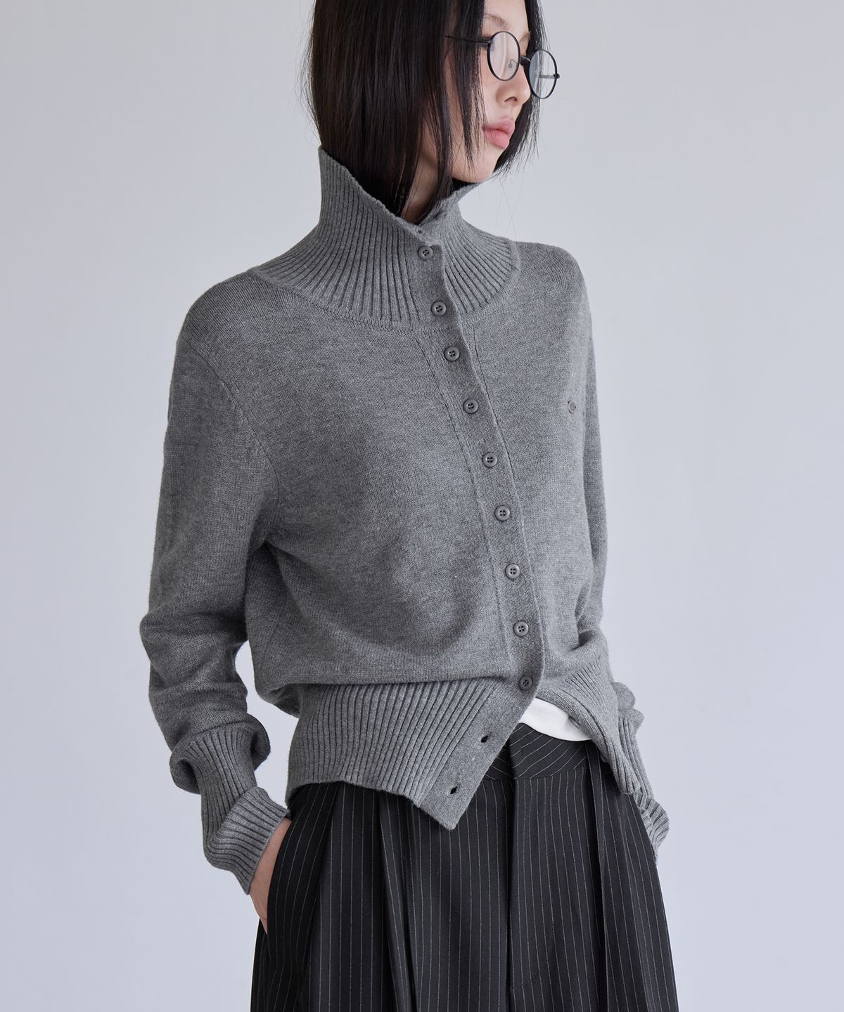 런던다다(LONDONDADA) Soft High Neck Cardigan, GREY