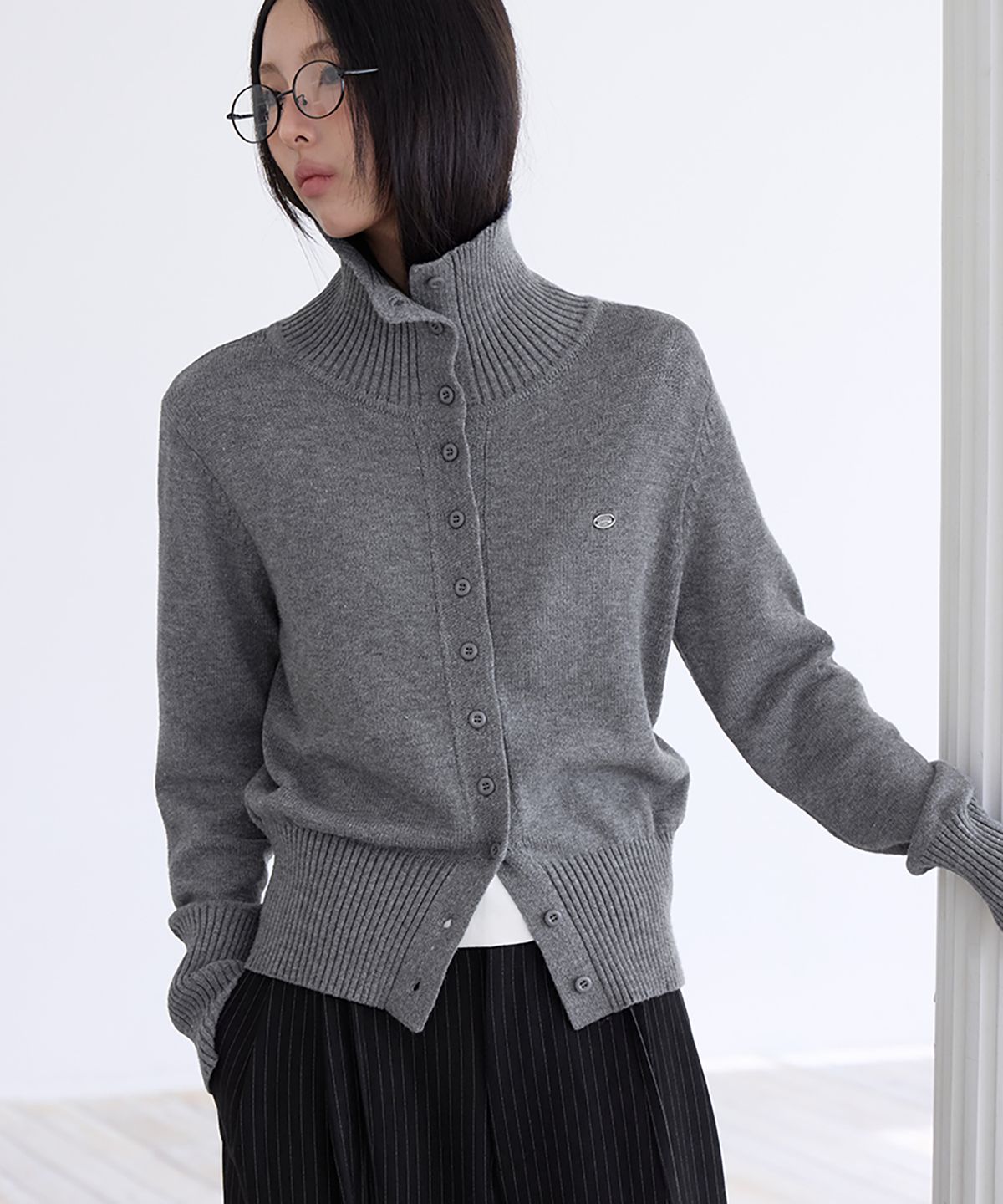 런던다다(LONDONDADA) Soft High Neck Cardigan, GREY
