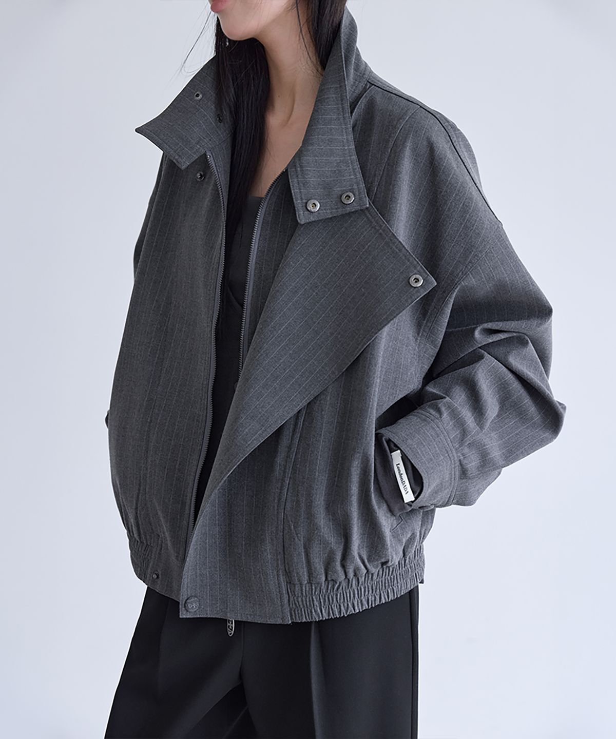 런던다다(LONDONDADA) Oversized High-Neck Stripe Blouson, CHARCOAL