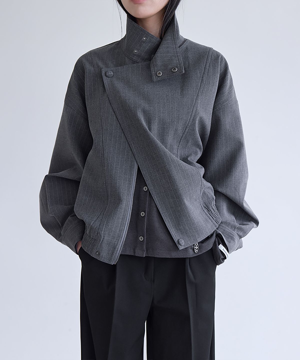 런던다다(LONDONDADA) Oversized High-Neck Stripe Blouson, CHARCOAL