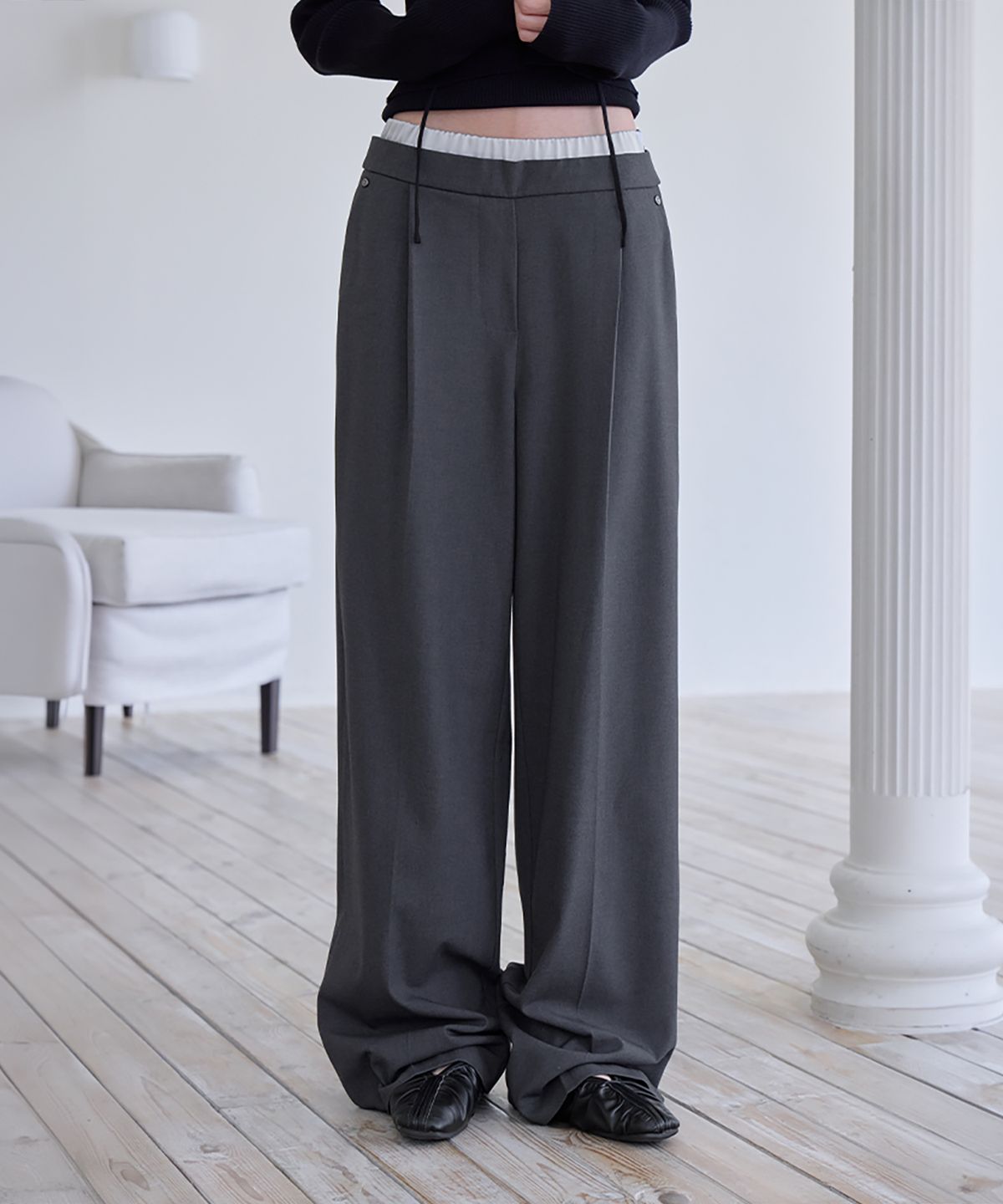 런던다다(LONDONDADA) Sagging Layered Slacks, CHARCOAL