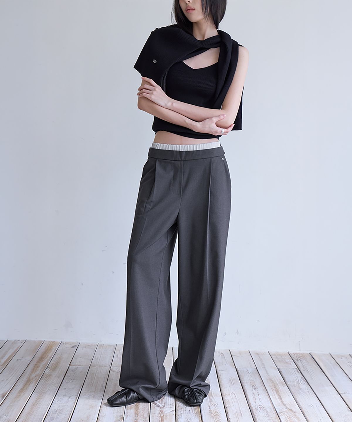 런던다다(LONDONDADA) Sagging Layered Slacks, CHARCOAL
