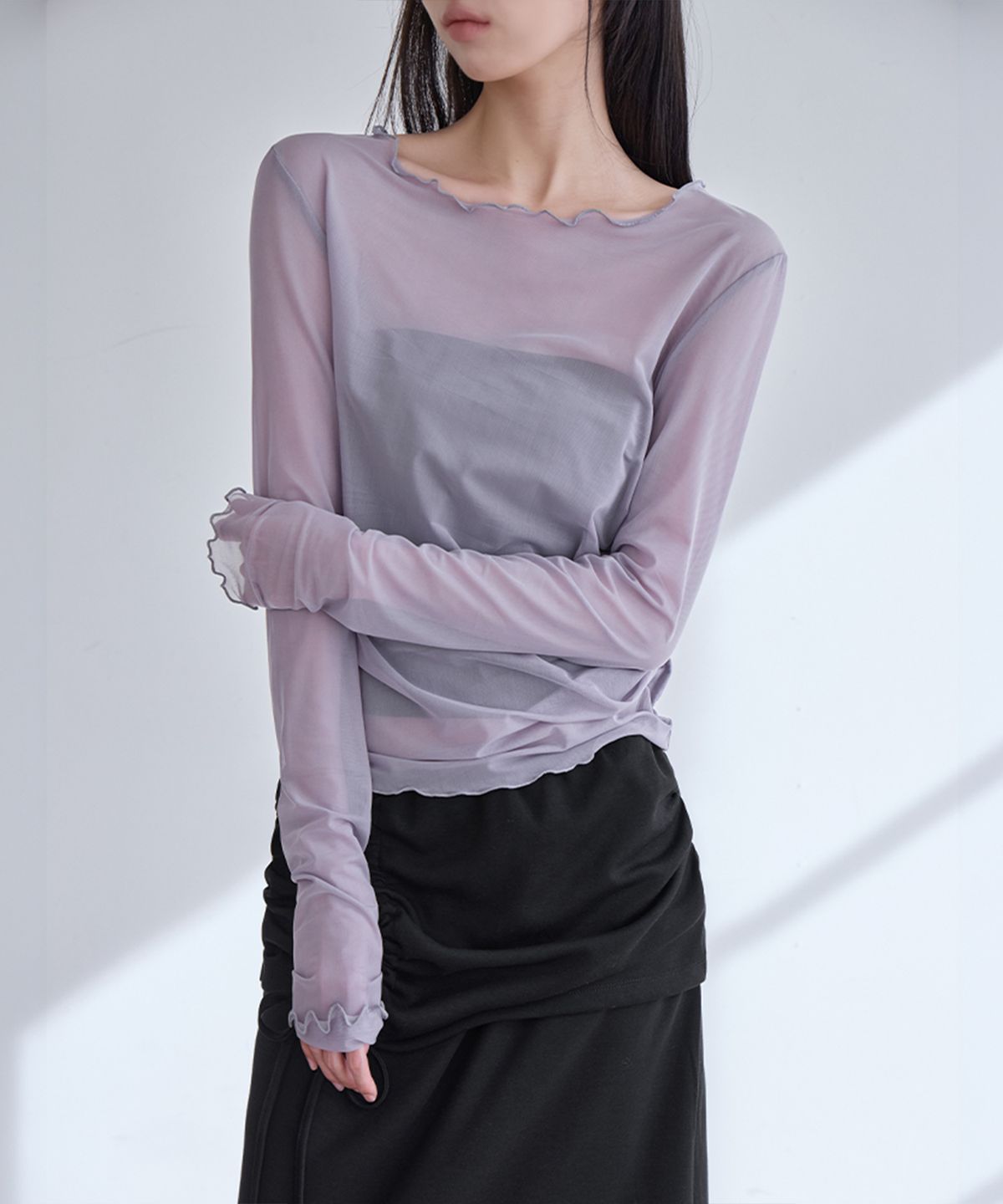 런던다다(LONDONDADA) Mesh Shirring Layered Long Sleeve, 3colors