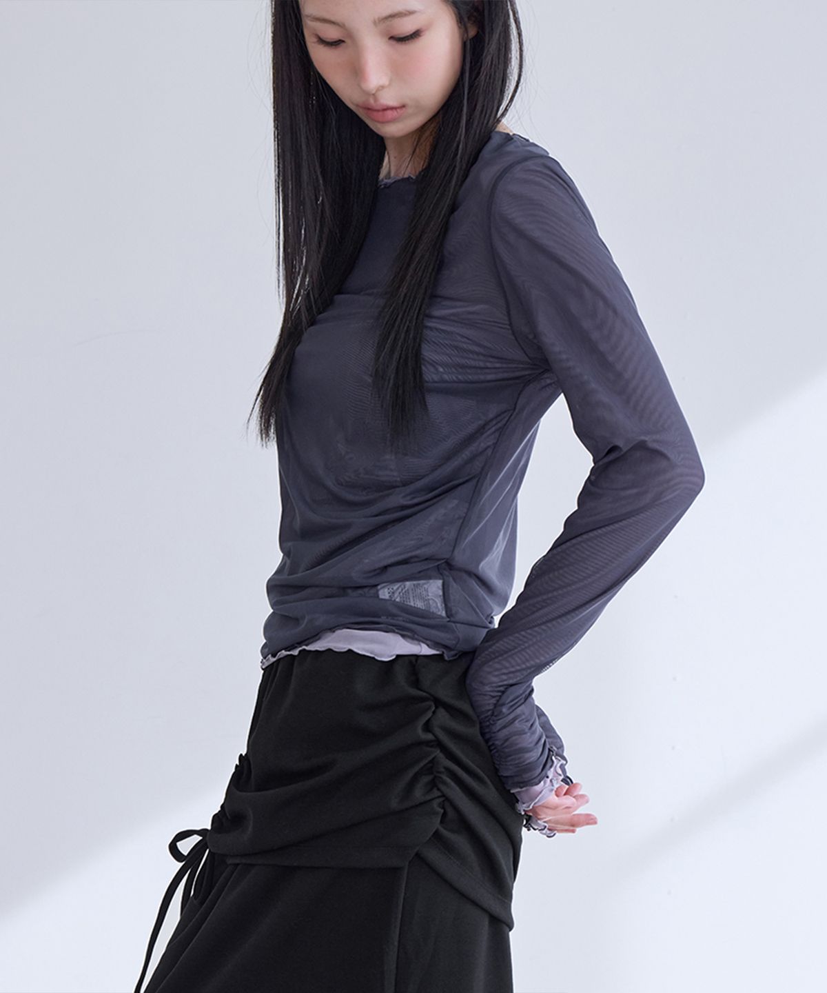 런던다다(LONDONDADA) Mesh Shirring Layered Long Sleeve, 3colors