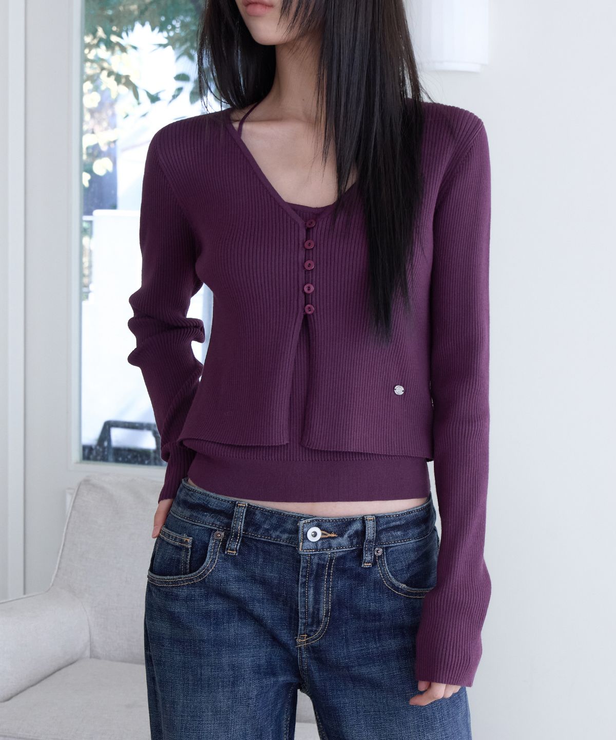 런던다다(LONDONDADA) Slim Rib Knit Top&Cardigan Set, PURPLE