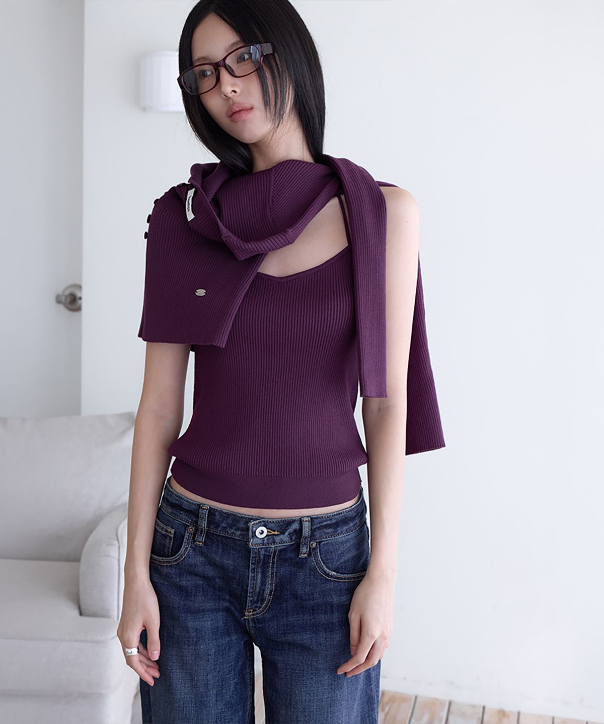 런던다다(LONDONDADA) Slim Rib Knit Top&Cardigan Set, PURPLE