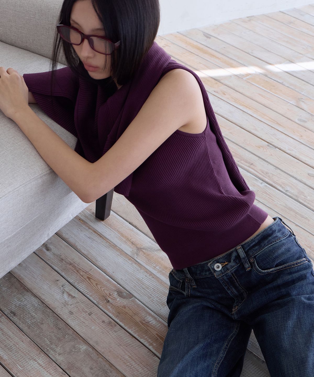 런던다다(LONDONDADA) Slim Rib Knit Top&Cardigan Set, PURPLE