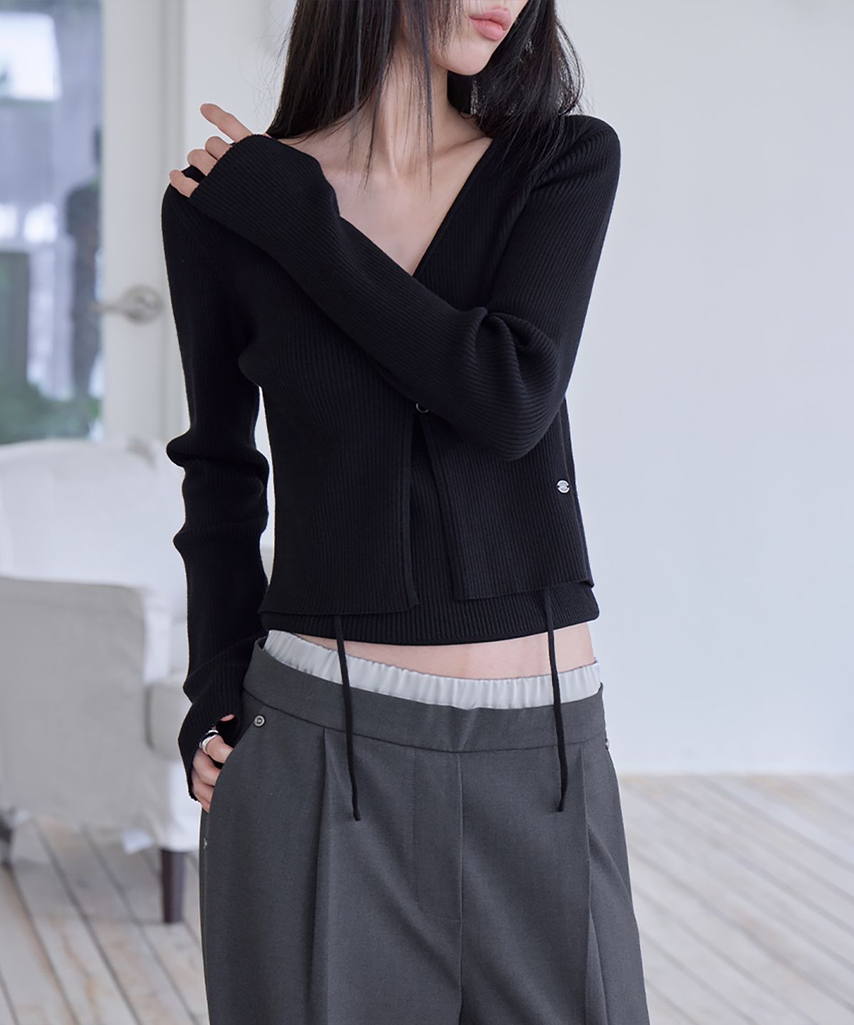 런던다다(LONDONDADA) Slim Rib Knit Top&Cardigan Set, BLACK