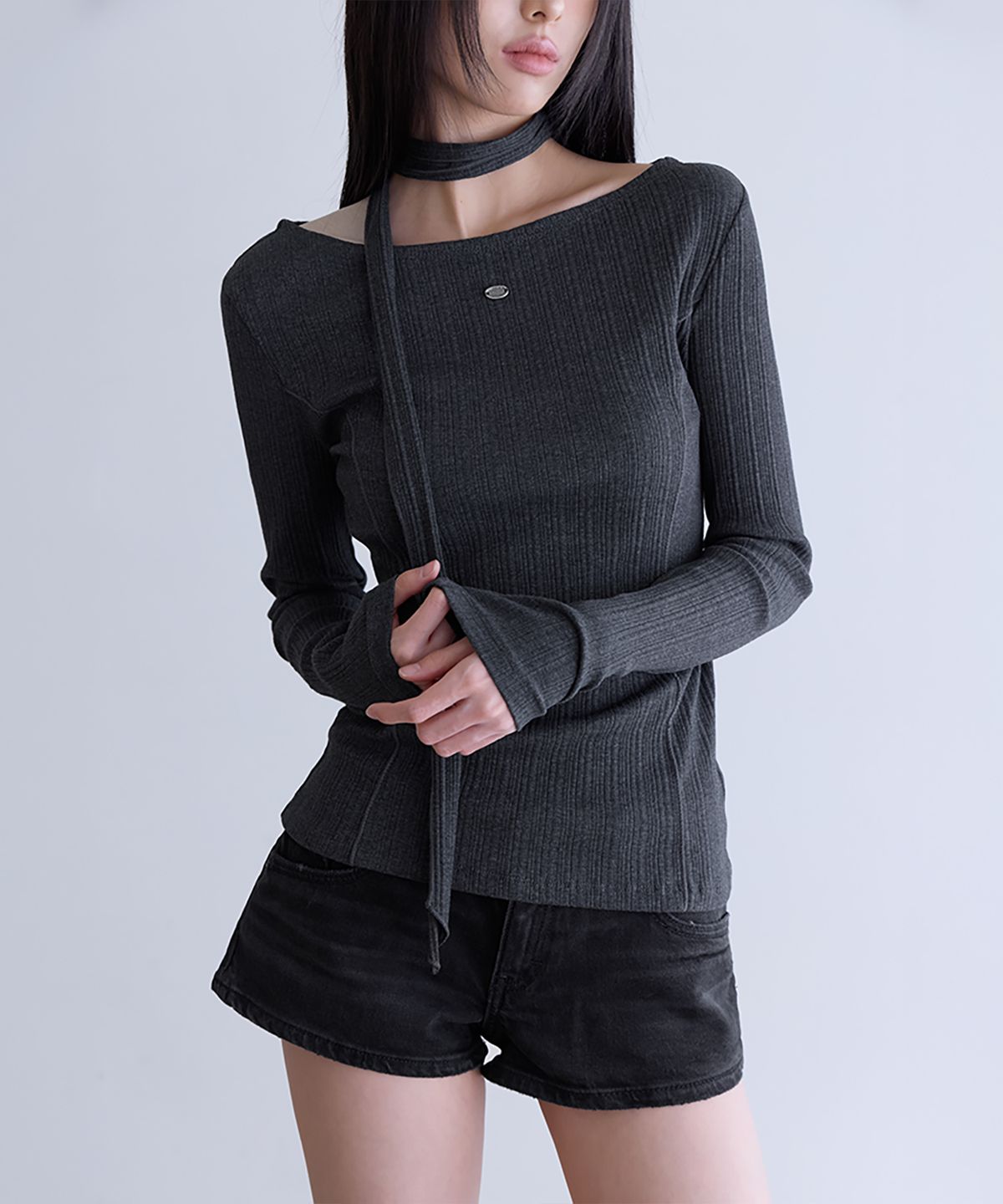 런던다다(LONDONDADA) Tie Long Sleeve T-Shirt, CHARCOAL