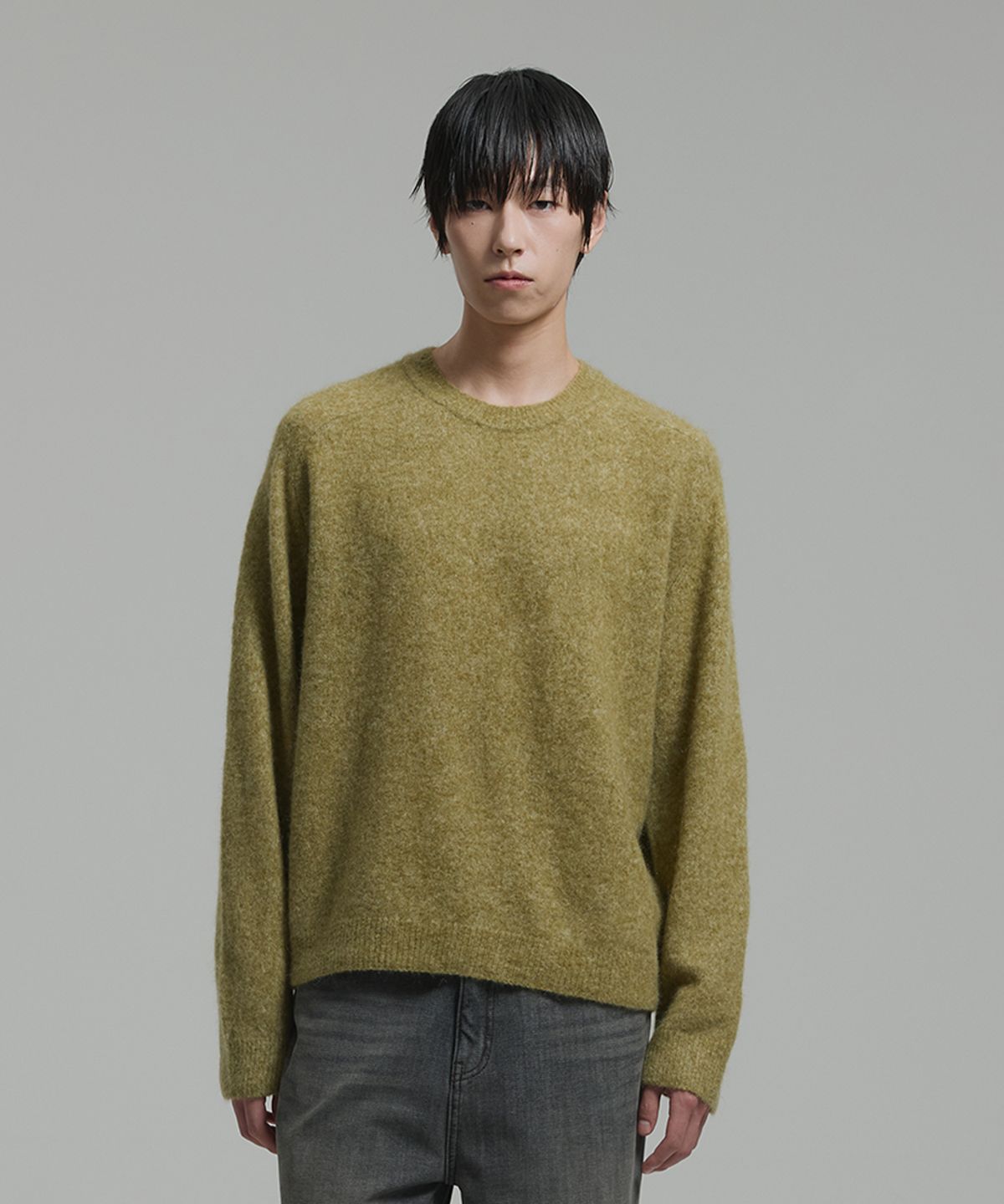 넌블랭크(NONBLANK) 모헤어 울 블렌드 크롭 라운드 니트_KHAKI
