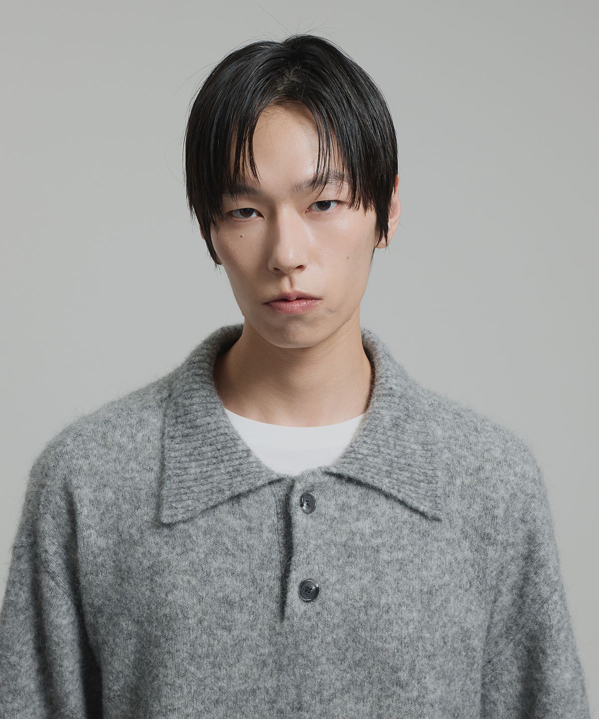 넌블랭크(NONBLANK) 모헤어 크롭 칼라 니트_MELANGE GREY