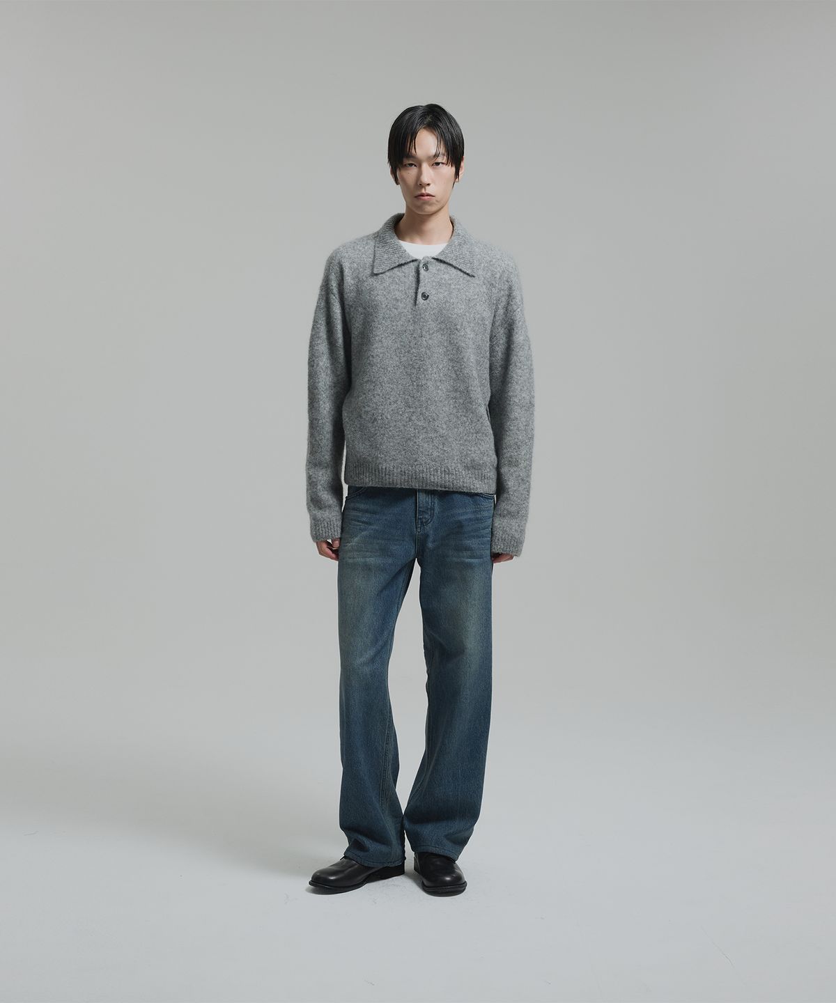 넌블랭크(NONBLANK) 모헤어 크롭 칼라 니트_MELANGE GREY