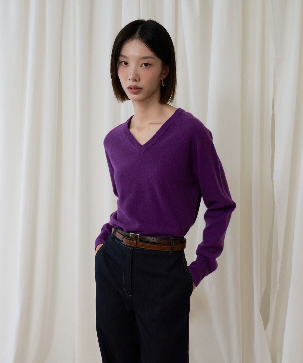 블레티(VLETI) Wool 100% V-neck Raglan Knit (Purple)