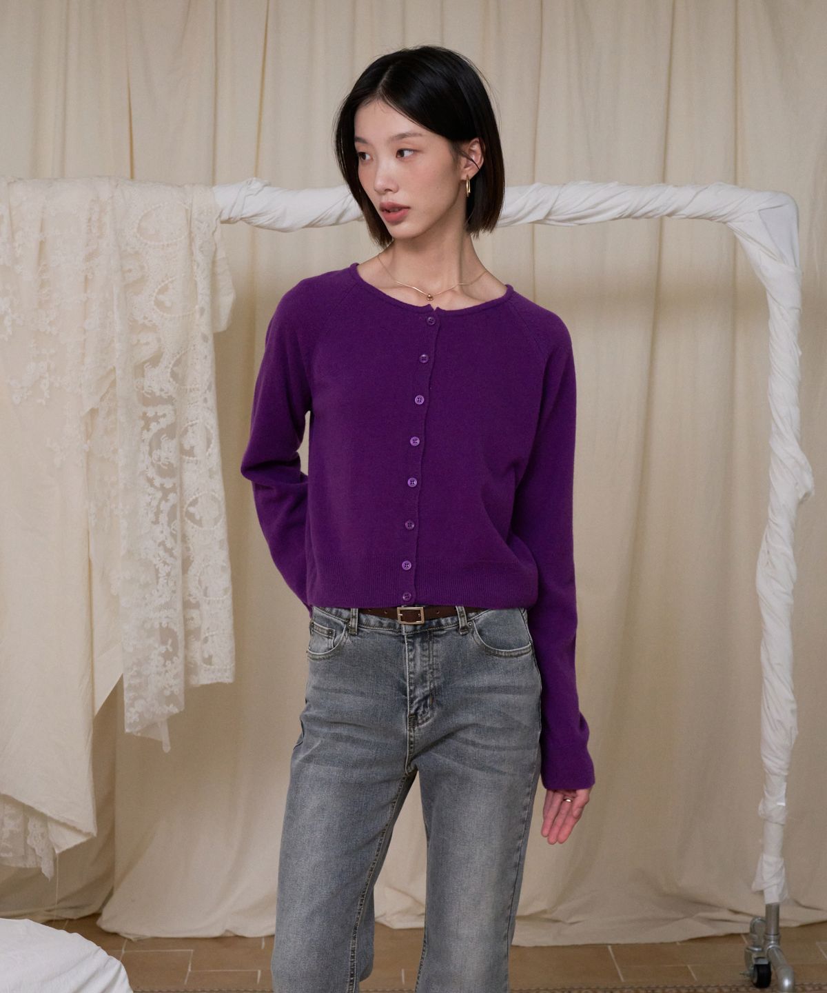 블레티(VLETI) Wool 100% Round Knit Cardigan (Purple)
