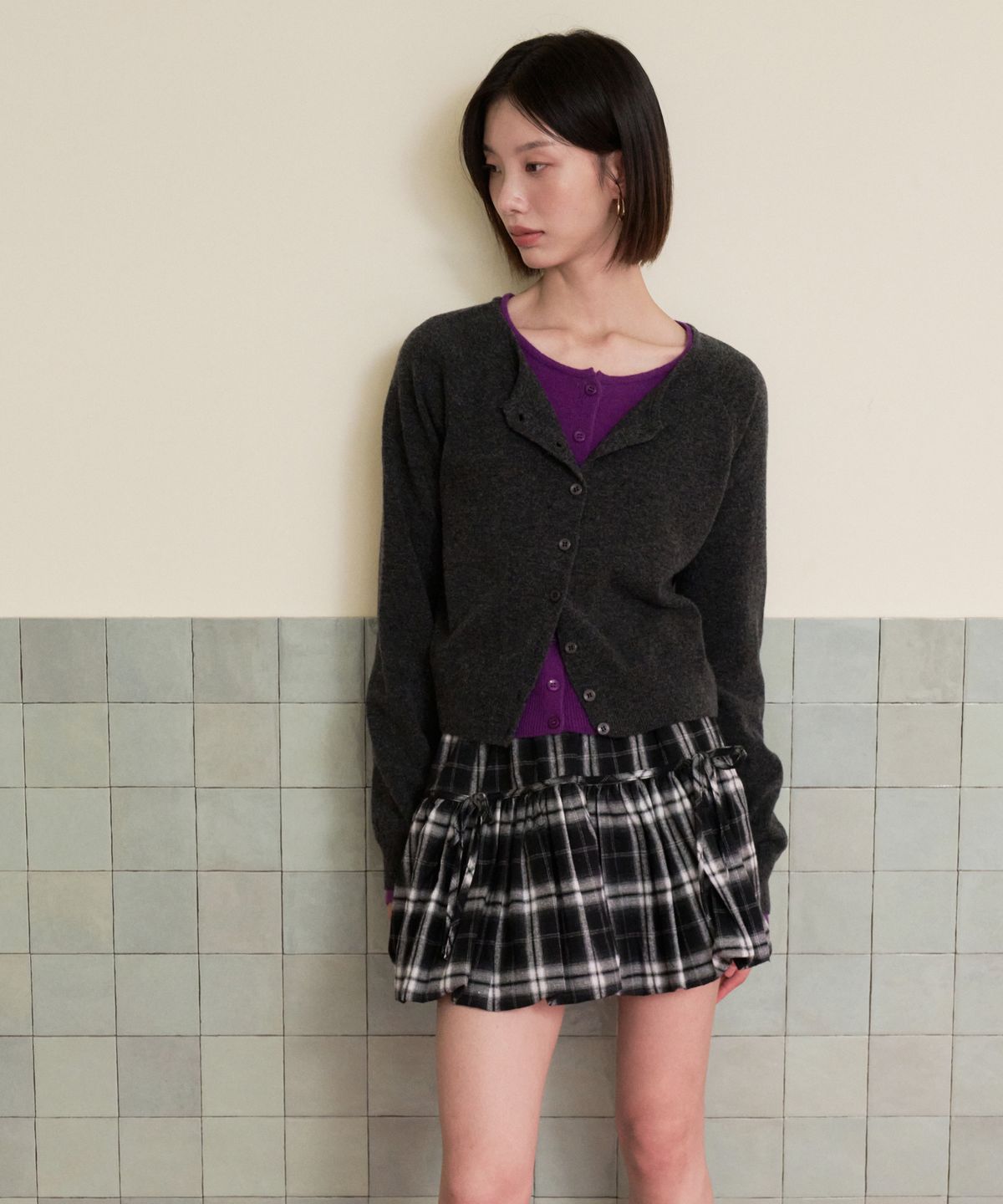 블레티(VLETI) Wool 100% Round Knit Cardigan (Charcoal)
