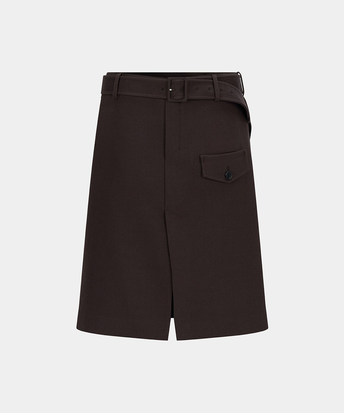 노이스(NOICE) LOW-RISE BELTED SLIT SKIRT - DARK BROWN